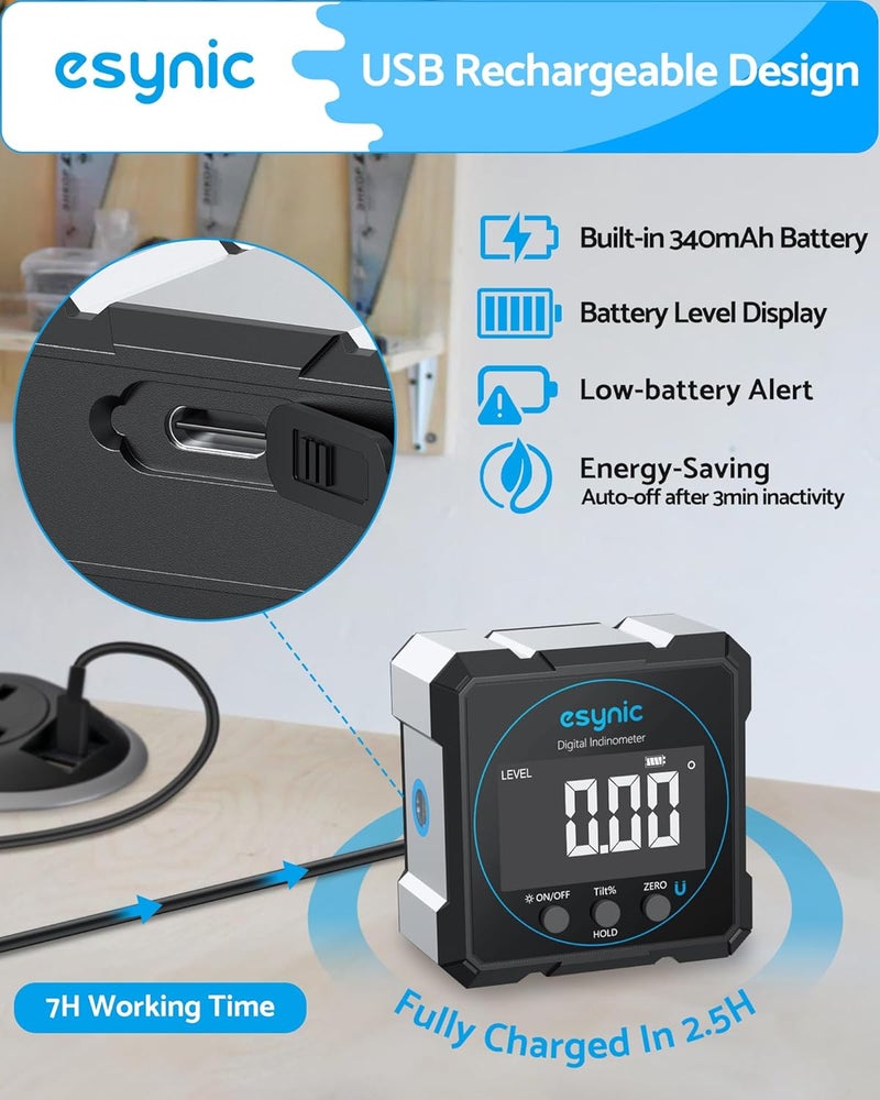 eSynic Digital Angle Finder with Laser USB-C Rechargeable Digital Inclinometer Level IP54 Waterpoof 4 Sides Magnetic Angle Gauge-Auto Off Backlight LCD Display for Construction (Laser Level: Class II) - Image 4